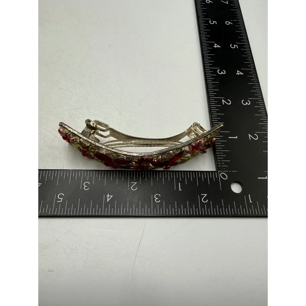 Vintage Floral Filigree Hair Barrette Red Rhinestone Enamel Flower Silver Tone